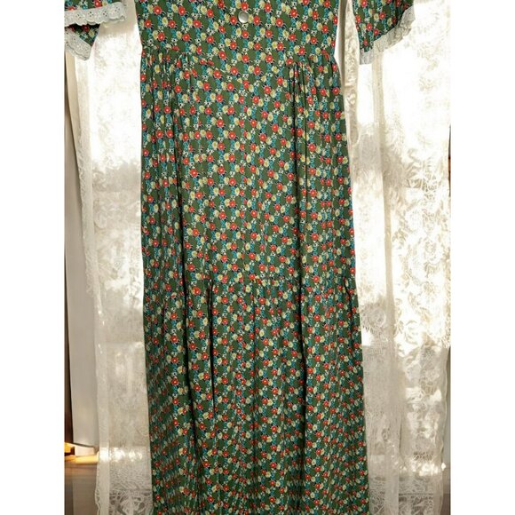Handmade 70s Prairie Green Floral Cottagecore Farm Dress Lace Trim Button - Picture 6 of 16